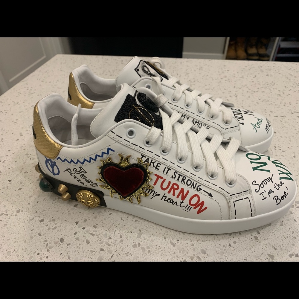 Dolce & Gabbana printed calfskin portofino sneakers patch and embroidery